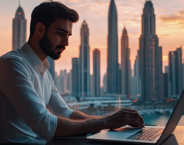 man-working-laptop-front-city-skyline