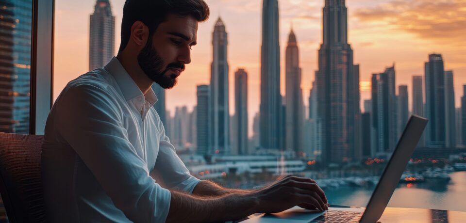 man-working-laptop-front-city-skyline